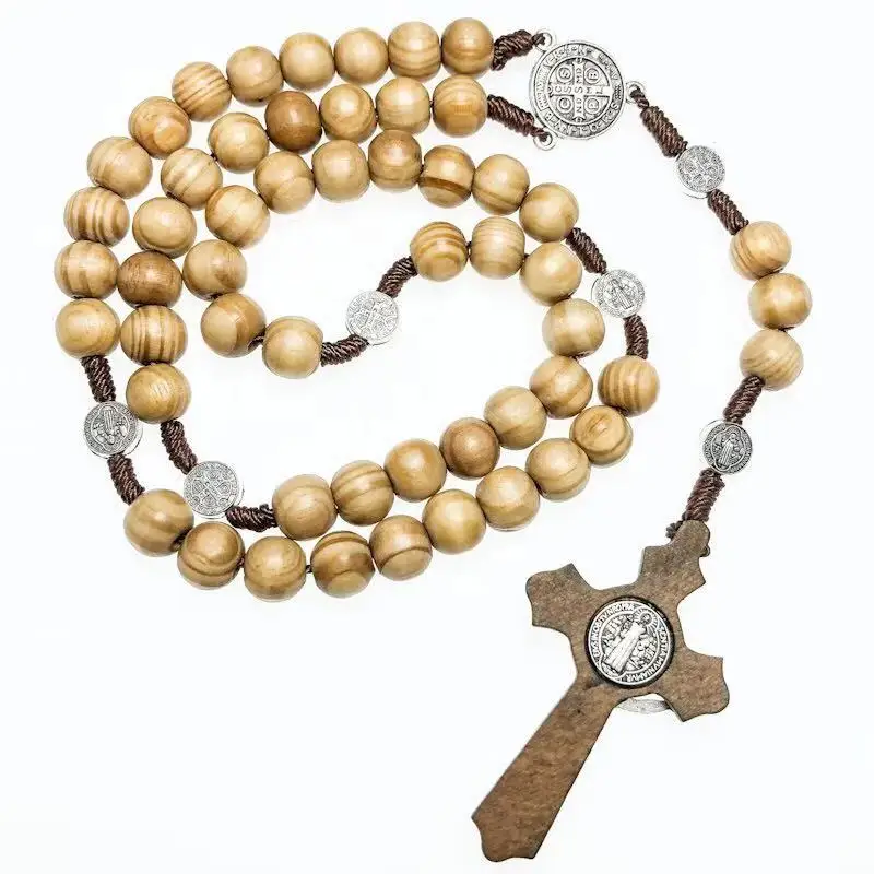 

natural pine wood Rosary Necklace handmade jesus Cross and benedict beads