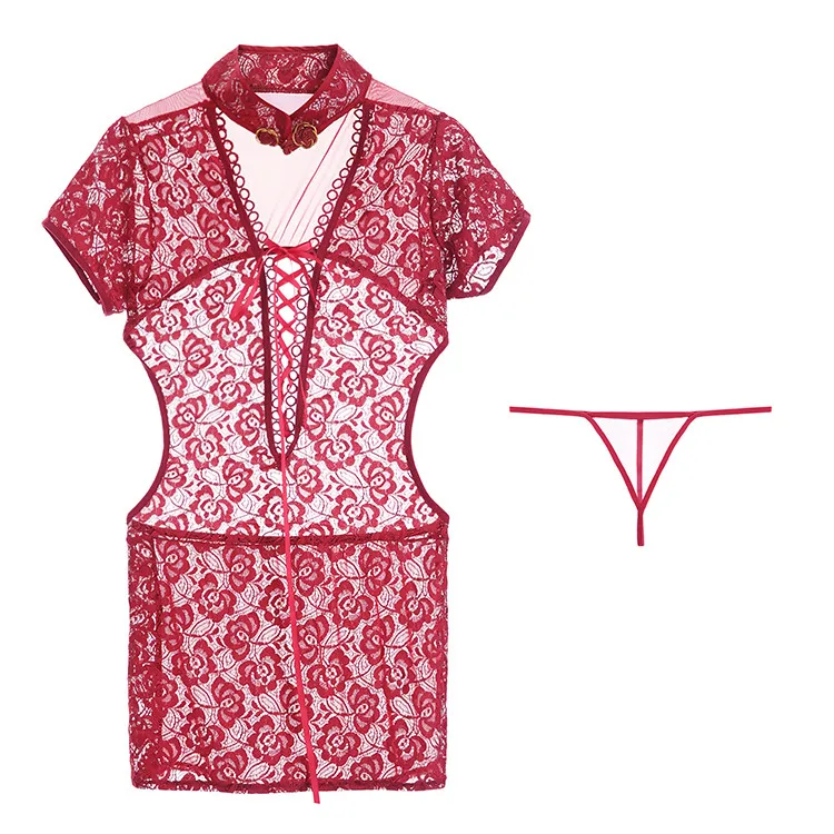 

PoeticExist Sexy Lingerie Transparent Backless Chinese Lace Cheongsam Dress