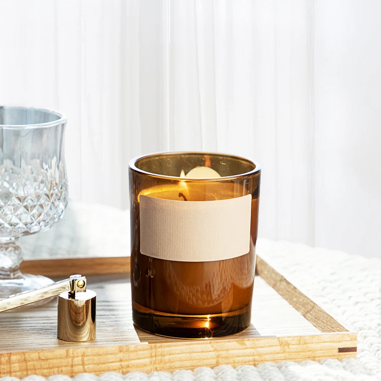 

Wholesale Luxury Custom Empty Amber Glass Candle Vessels Holders Jars With Wooden Lids