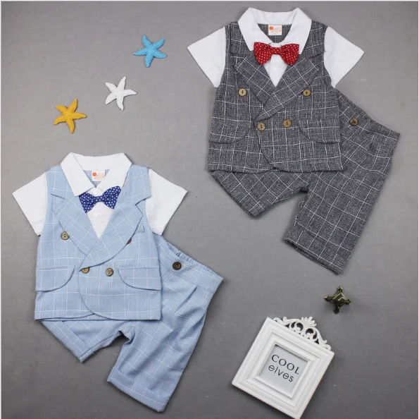 

American & England Style Summer Short Sleeve 2pcs Plaid Gentlemen Boys Short Set Boy Clothing Set, Picture