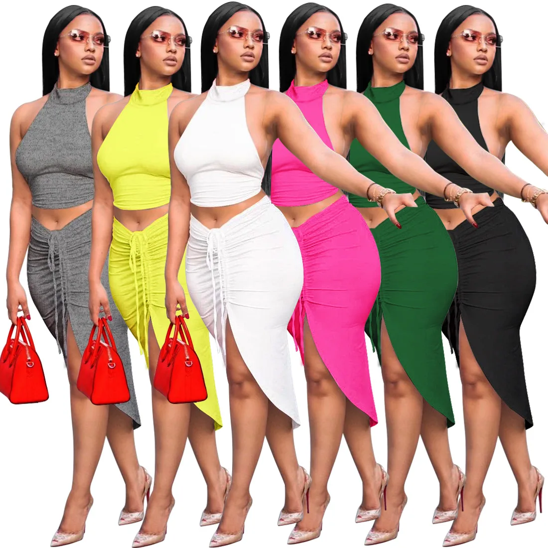 

DUODUOCOLOR 2021 summer new style round neck crop tops draw cord wrinkle skirt solid color sleeveless 2 piece set women D10600