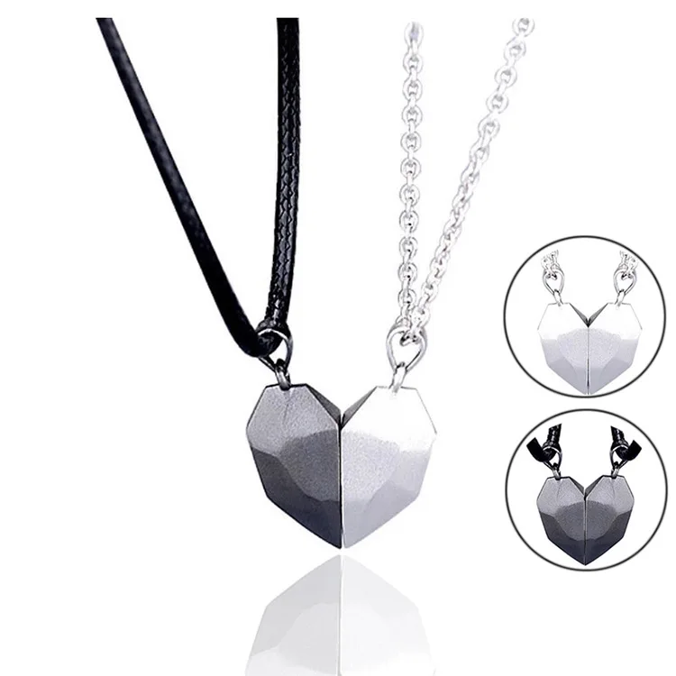 

CLARMER 2021 New Arrival Heart Shaped Magnet Couple Stitching Pendant Couple Necklaces For Woman and Men, Silver,black