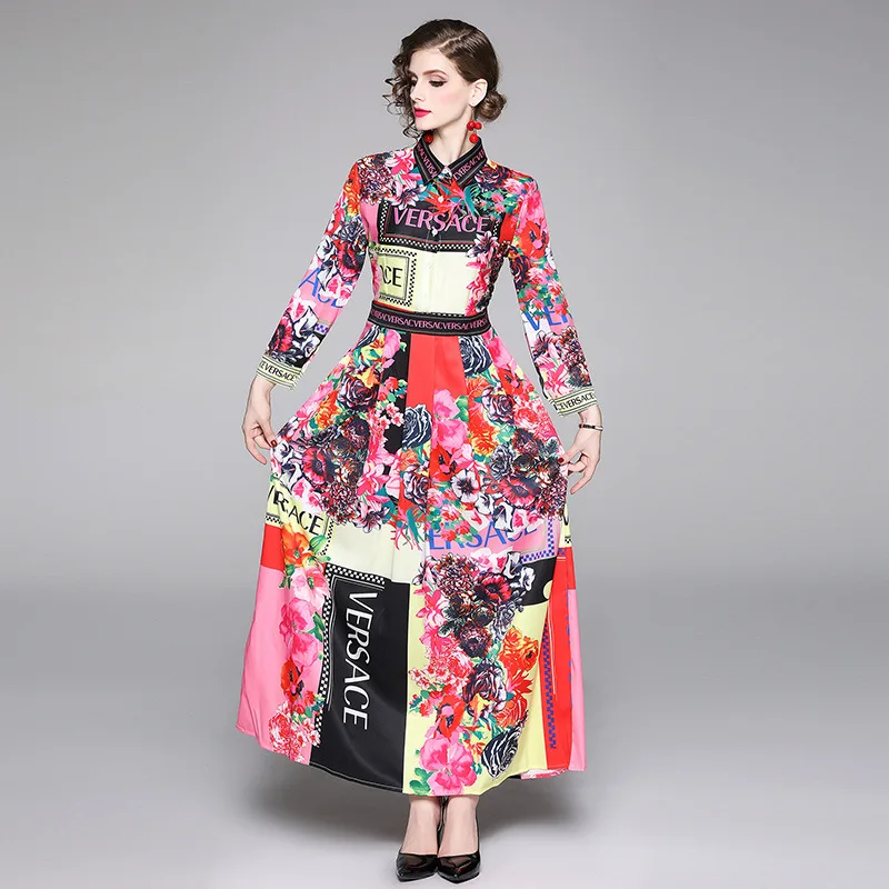 

Women's elegant long dress v-neck casual long sleeve floral maxi dress, As pic