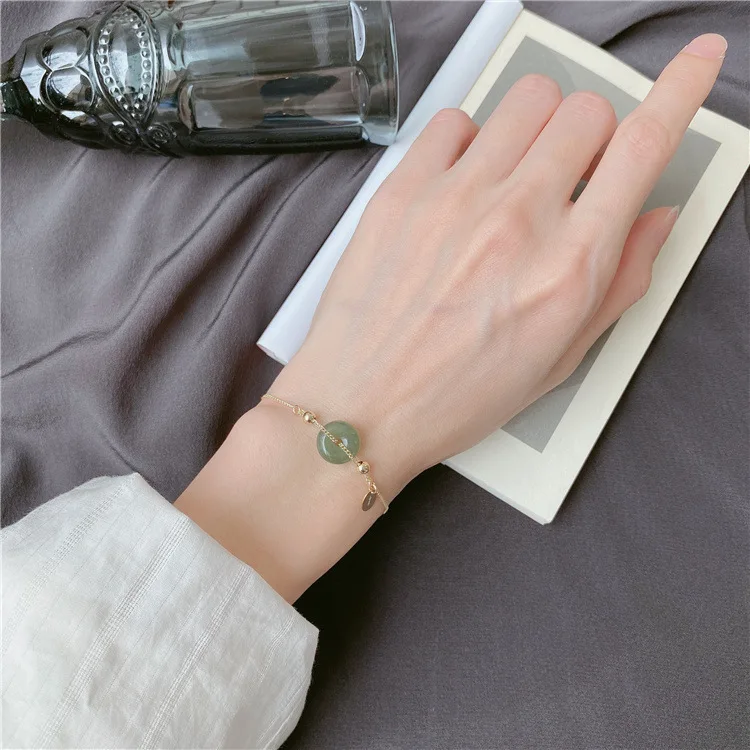 

Delicate 14K Gold Chinese Fu Character Donut Fortune Aesthetic Circle Coin Bangles Good Luck Green Natural Jadeite Jade Bracelet