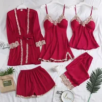 

Lace Satin Women Silk Pyjamas 5 Pieces Pijamas Woman Pajamas Set For Women