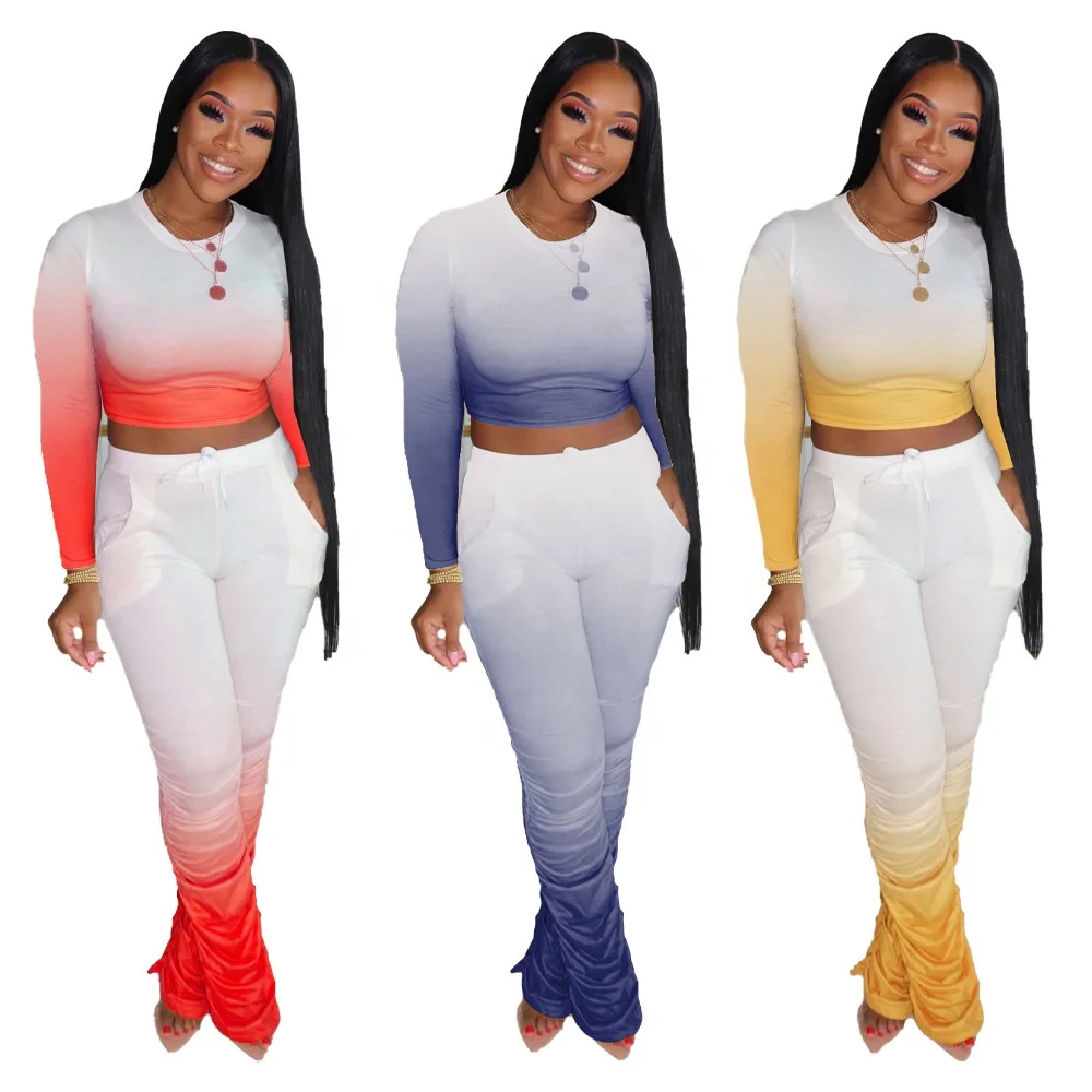 

DLL2021Newest home sport fitness apparel sexy two piece outfits with pocket Gradient Printed Pleated fashion brand apparel women, As picture or customized make