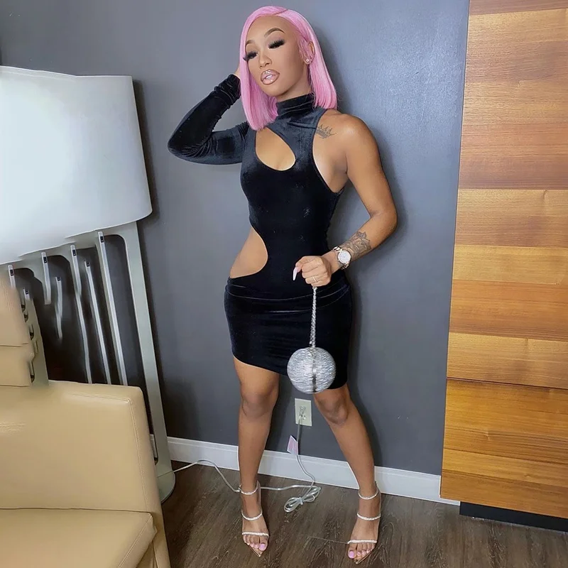 

womens clothing 2021 summer new design wholesale best price o neck hollow out one shoulder mini dress sexy party Career Dresse