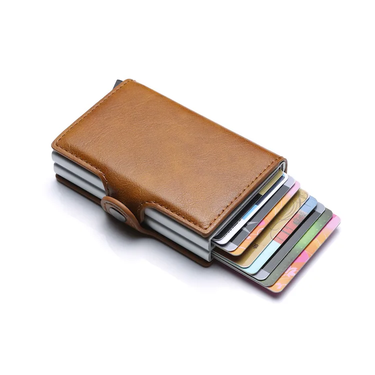 

Credit Card Holder Rfid Blocking Slim Wallet Pu Leather Vintage Double Aluminum Rfid Card Holder, Black,brown,dark blue, dark brown