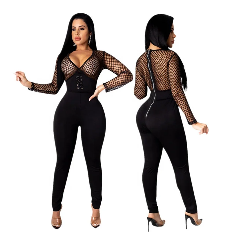 

B63401A European and American women's jumpsuit fashion mesh splice deep V trousers, Black
