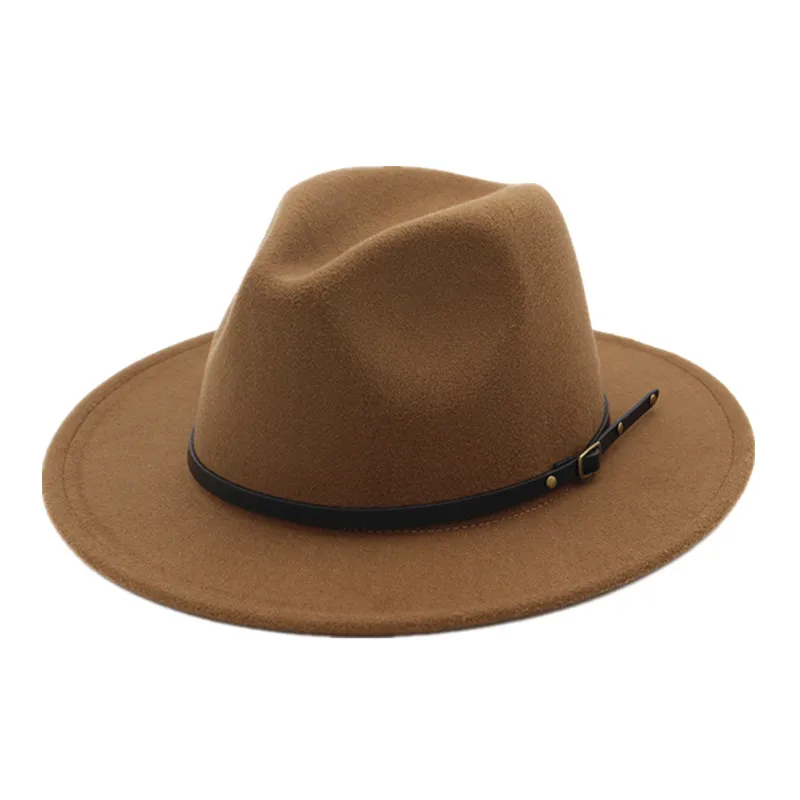 

Custom Women Men Classic Wide Brim Panama Hat PU Leather Belt Buckle Design Wholesale Fedora Hats