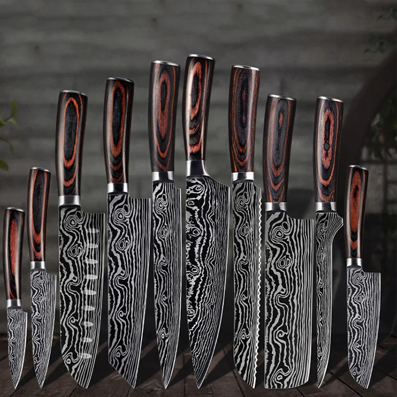 

10pcs glass hard steel Cooking Chef Kitchen Knife Set Japanese Slicing Santoku Tool Laser Pattern Damascus Kitchen Knives, Sliver/custom color