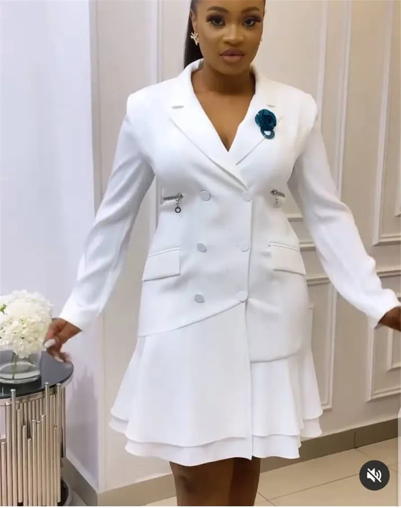 

Cyalaa 4264# Elegant Ruffle Double Breasted Women Dress Office Casual Blazer White Dress Slim Suit Ladies Dress