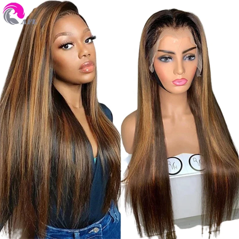 

2022 Hot selling bodywave ombre brown hair wigs wholesale 13x4 hd lace frontal blond highlight 4/27 human hair wig