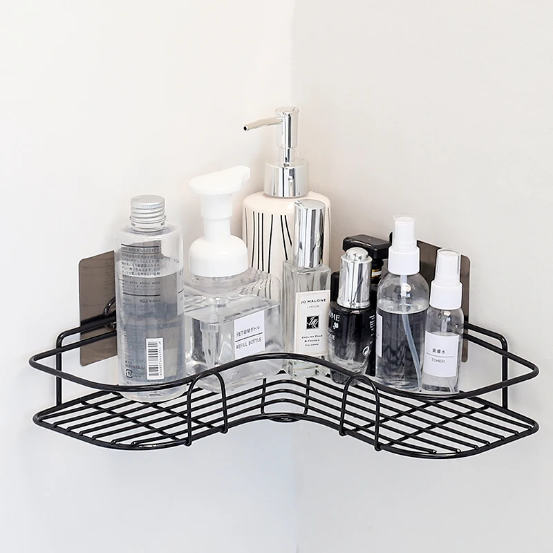 

2021 new bathroom corner metal wall shelf Restroom storage rack corner wall rack shelf, White/black