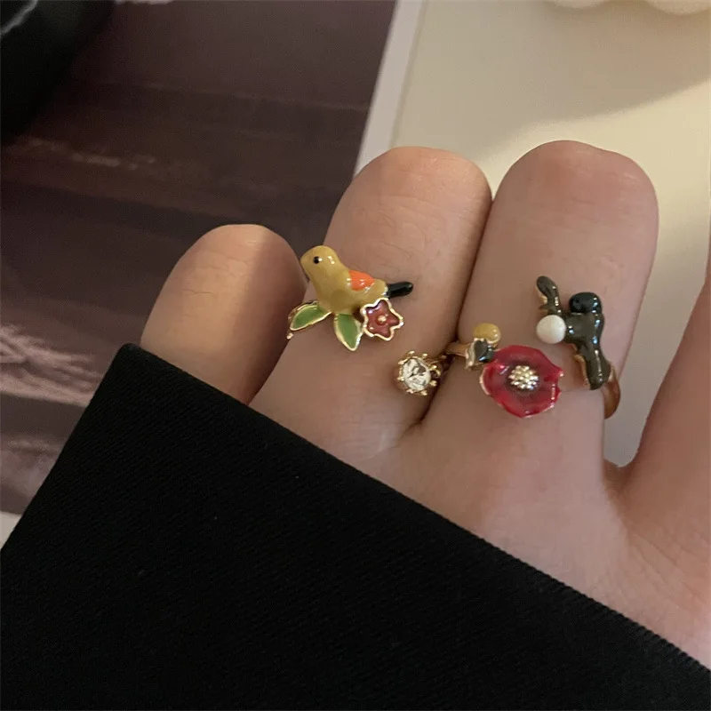 

Wholesale Rhinestone Ring 8 Styles I Chain Clover Leaf Ring Adjustable Enamel Bird Flower Rings For Women