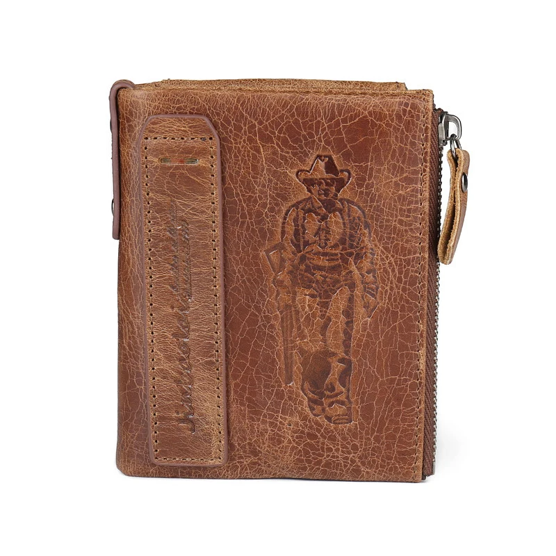 

Retro Leather RFID Men's Coin Purse Crazy Horse Cowhide Double Zipper Wallet