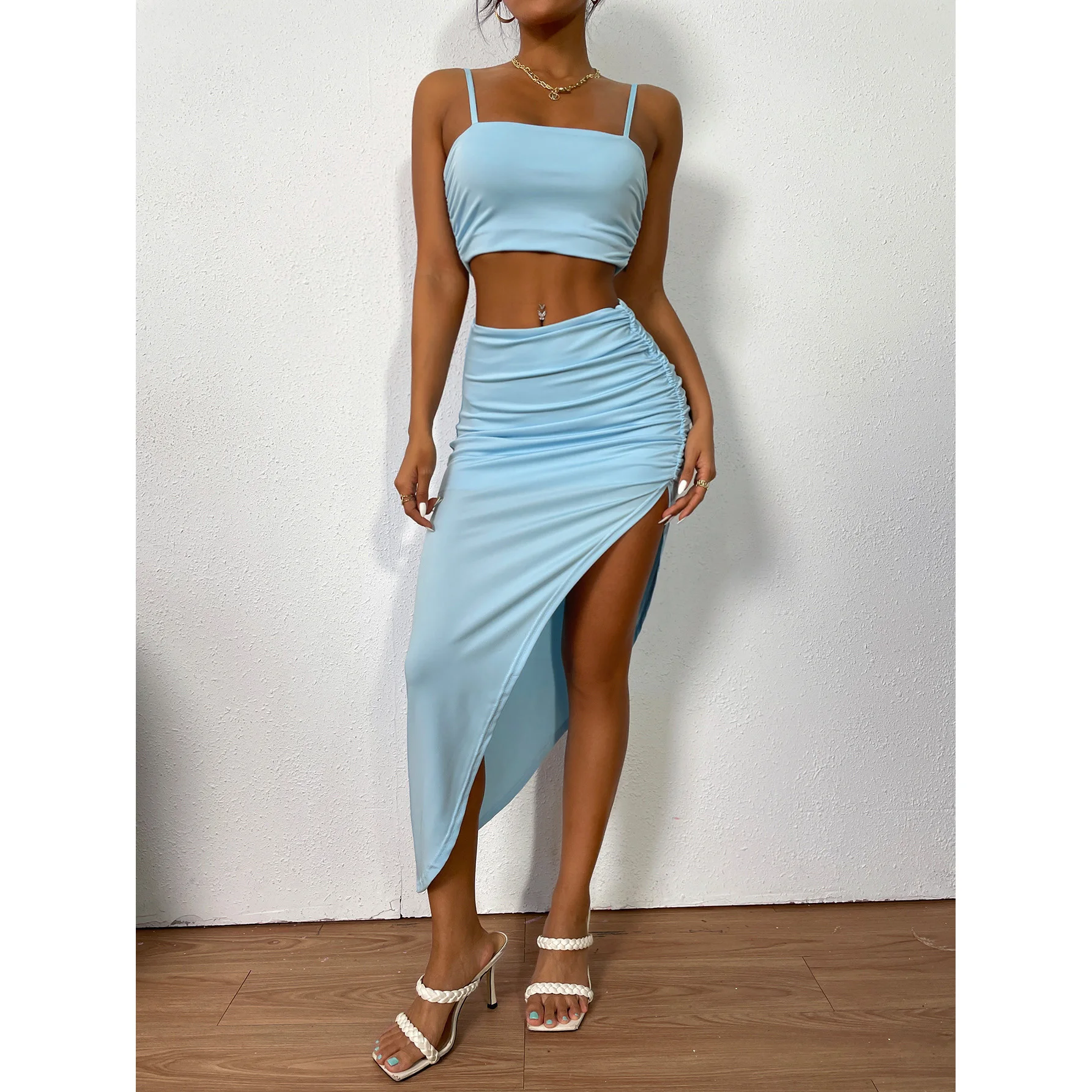 

Newest women winter clothes street wear business dress asymmetry fashion plain light blue two set clothing, Picture shows