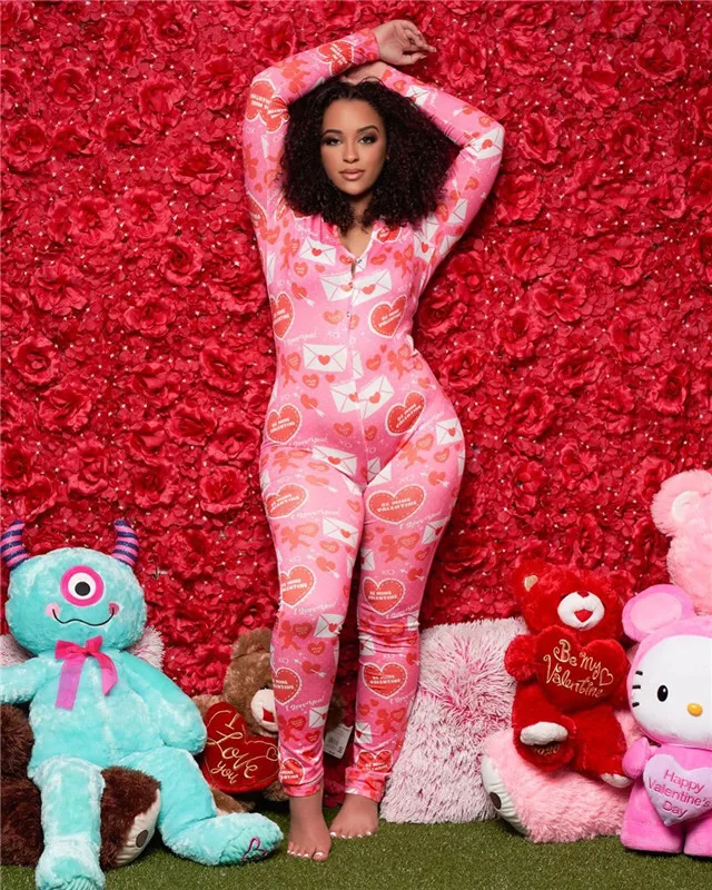 

2022 Valentines Day Women Sleepwear Plus Size Valentines Onsies Holiday Printing Adult Onesie Pajamas, 16 colors