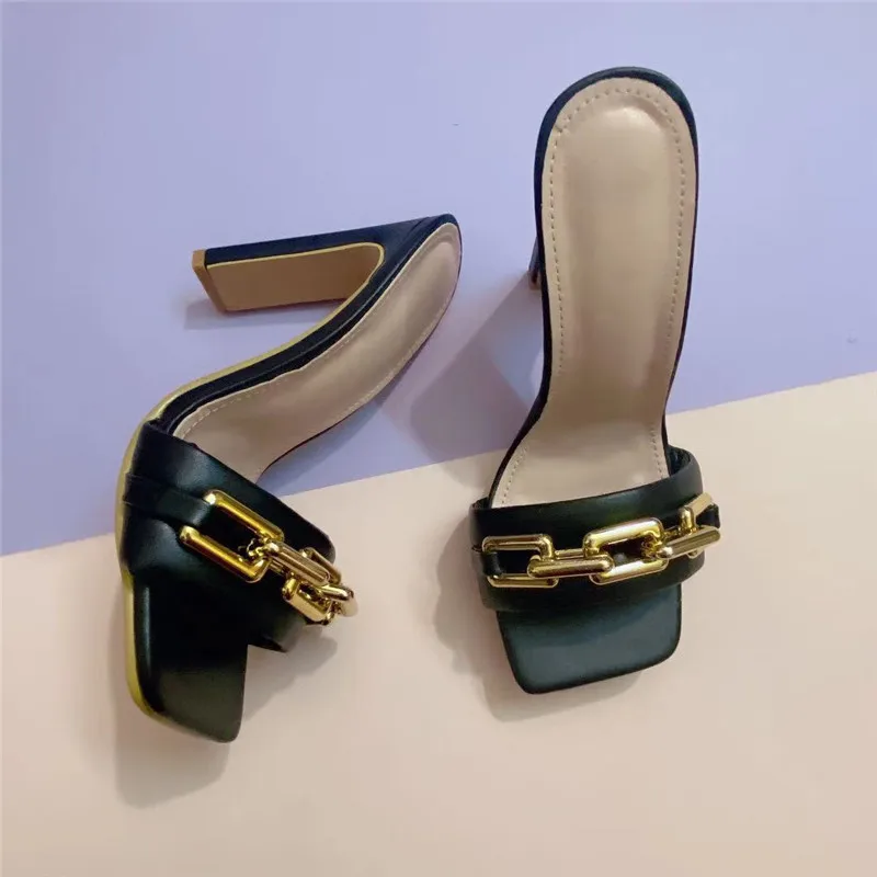 

2021 Spring and summer new ladies sandals and slippers fashion square chain high heel sandal, Picture