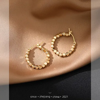 

Minimalist Design Square Beaded Clip On Earrings 18k Real Gold Plated Geometric Circle Round Hoop Earrings For Women