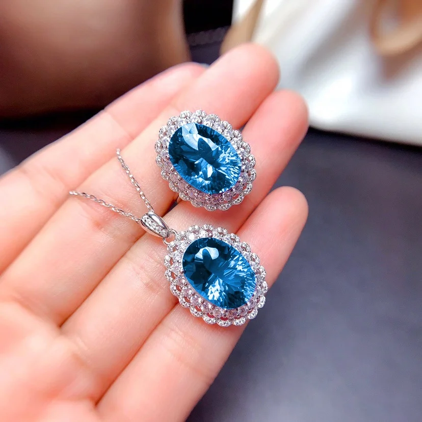 

New Luxury Jewelry Set Blue Full zircon Adjustable Ring Shiny Pendant Necklace For Women Gift, Customized color