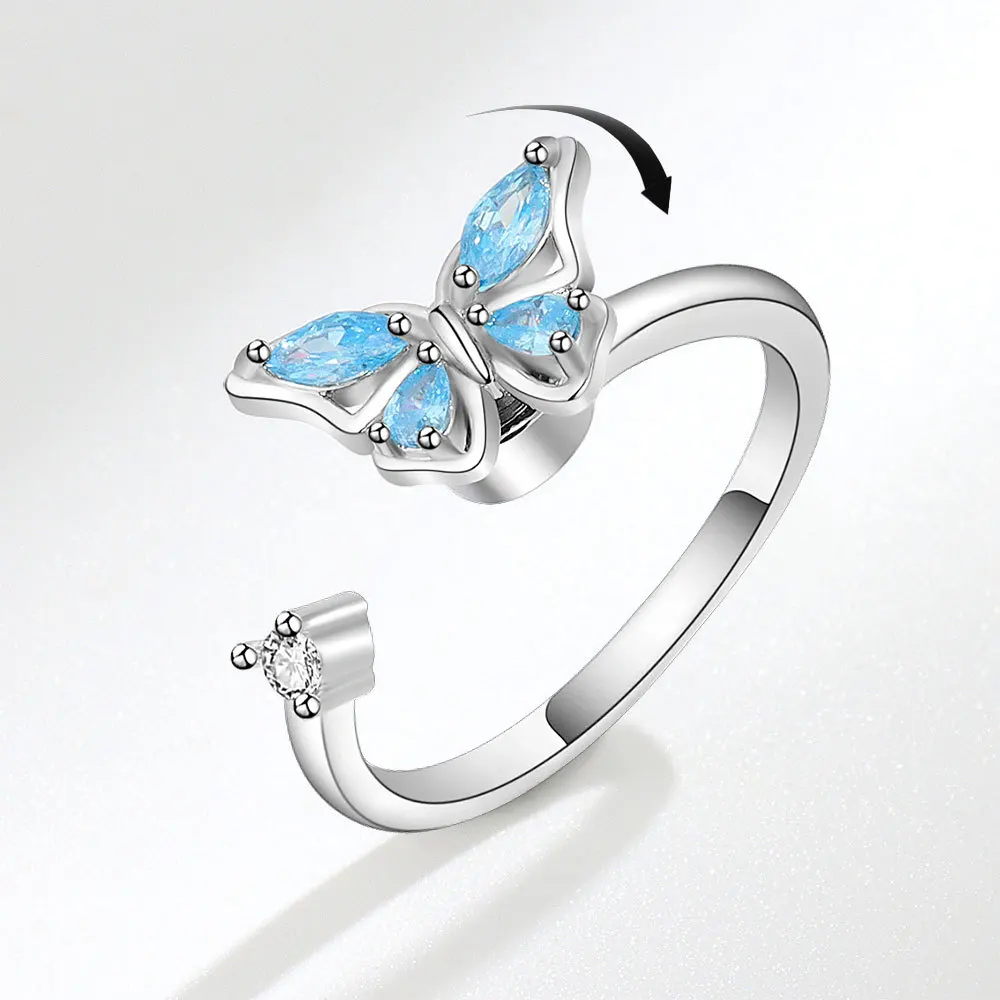 

Open Adjustable Blue Zircon Butterfly Rotating Ring For Women Girls Anti Stress Jewelry Fidget Spinner Butterfly Anxiety Ring