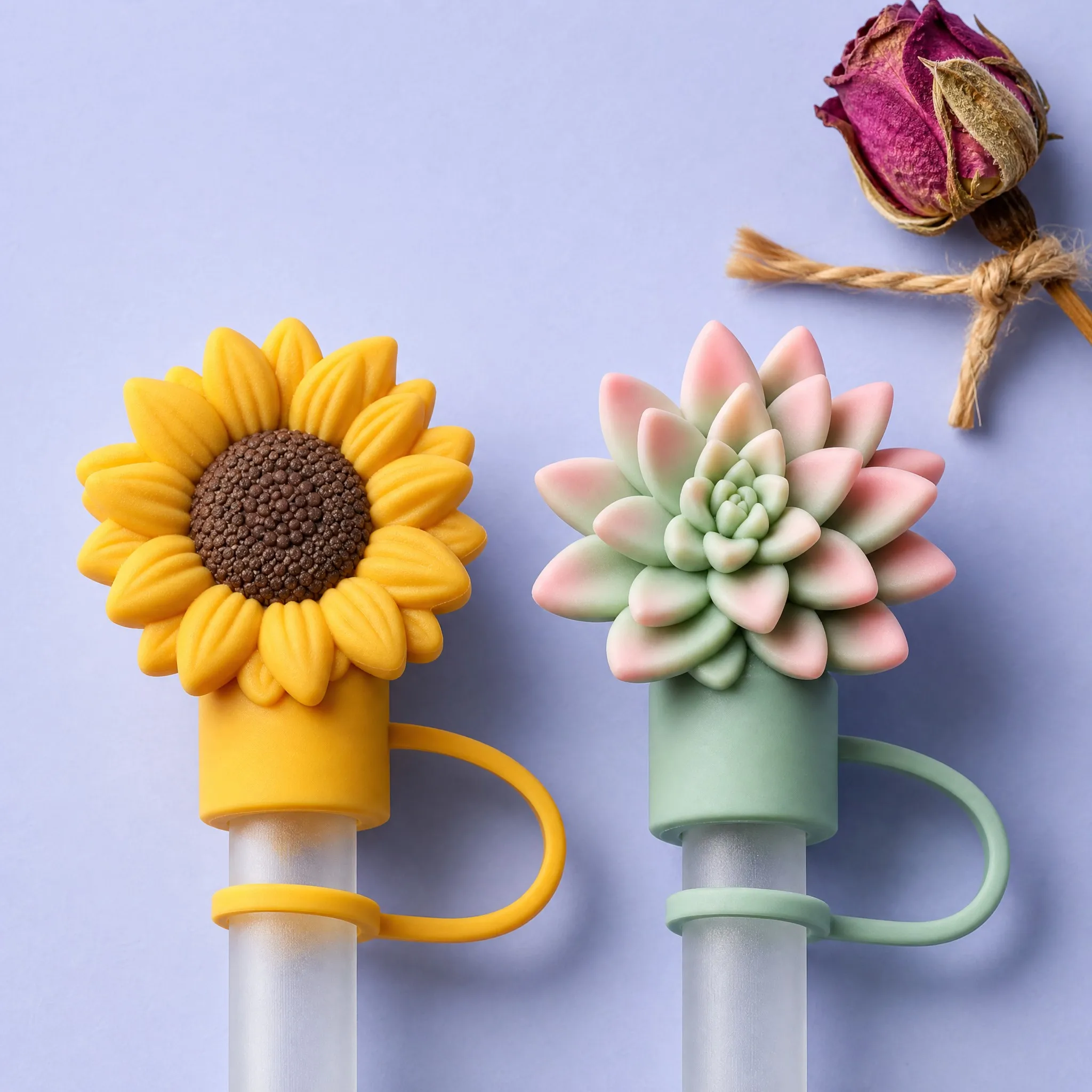 Sunflower and Rosy Tip Succulent Silicone Straw Covers Close-up