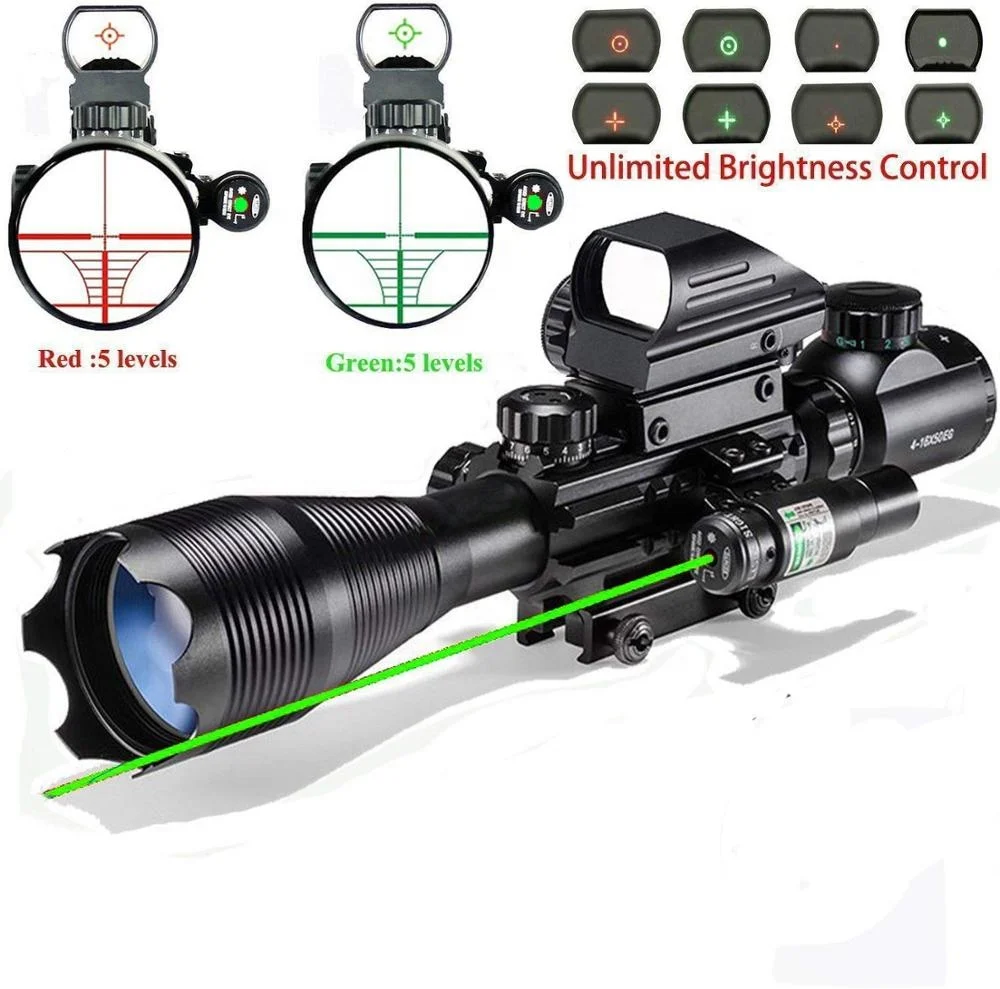 

LUGER Rifle Scope Combo 4-16x50EG Dual Illuminated + Laser sight 4 Holographic Reticle Red/Green Dot with Weaver/Rail Mount, Matte black