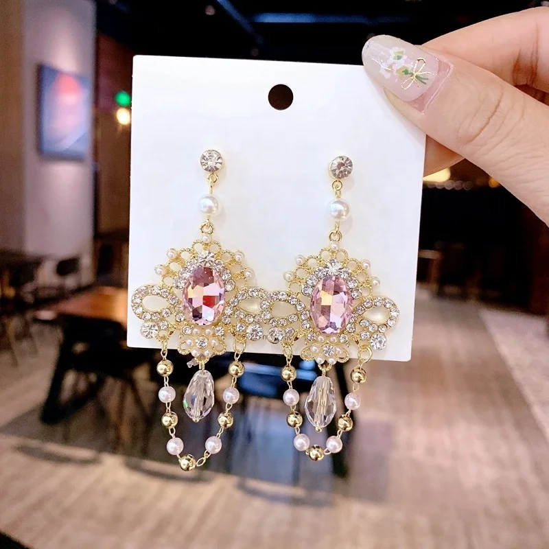 

New Baroque Style Vintage Crystal Tassel Dangle Earrings For Women Elegant Pearl Rhinestone Earings Jewelry