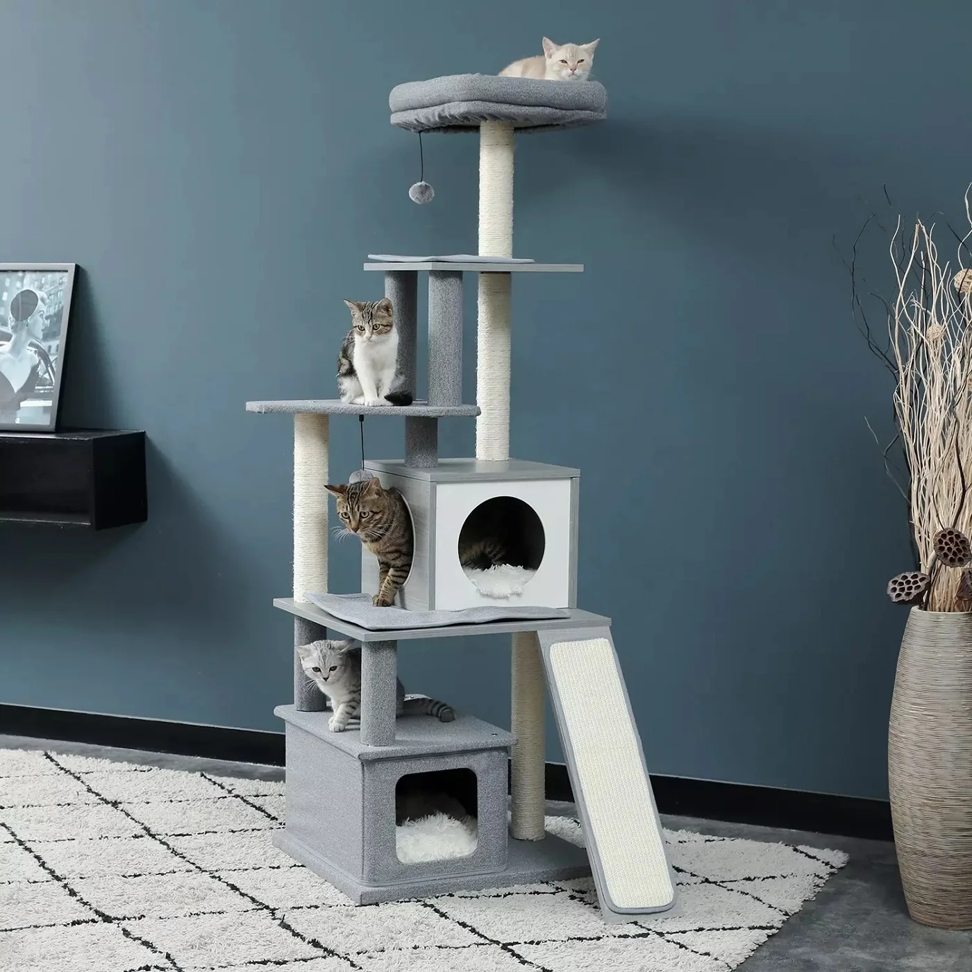 

Modern Wood Cat Tree Tower With Scratching Posts Dual Condos And Top Perch