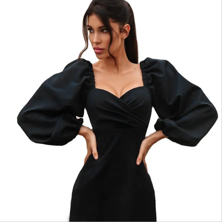 

2021 new tight-fitting solid color V-neck strapless lantern sleeve party sexy dress