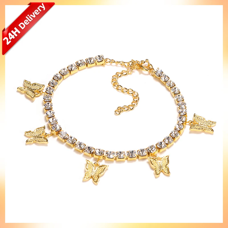 

HOVANCI Butterfly Ankle Bracelet Diamond Chain Foot Jewelry for Women Silver Anklets Antique Rhinestone Butterfly Anklets, Gold silver