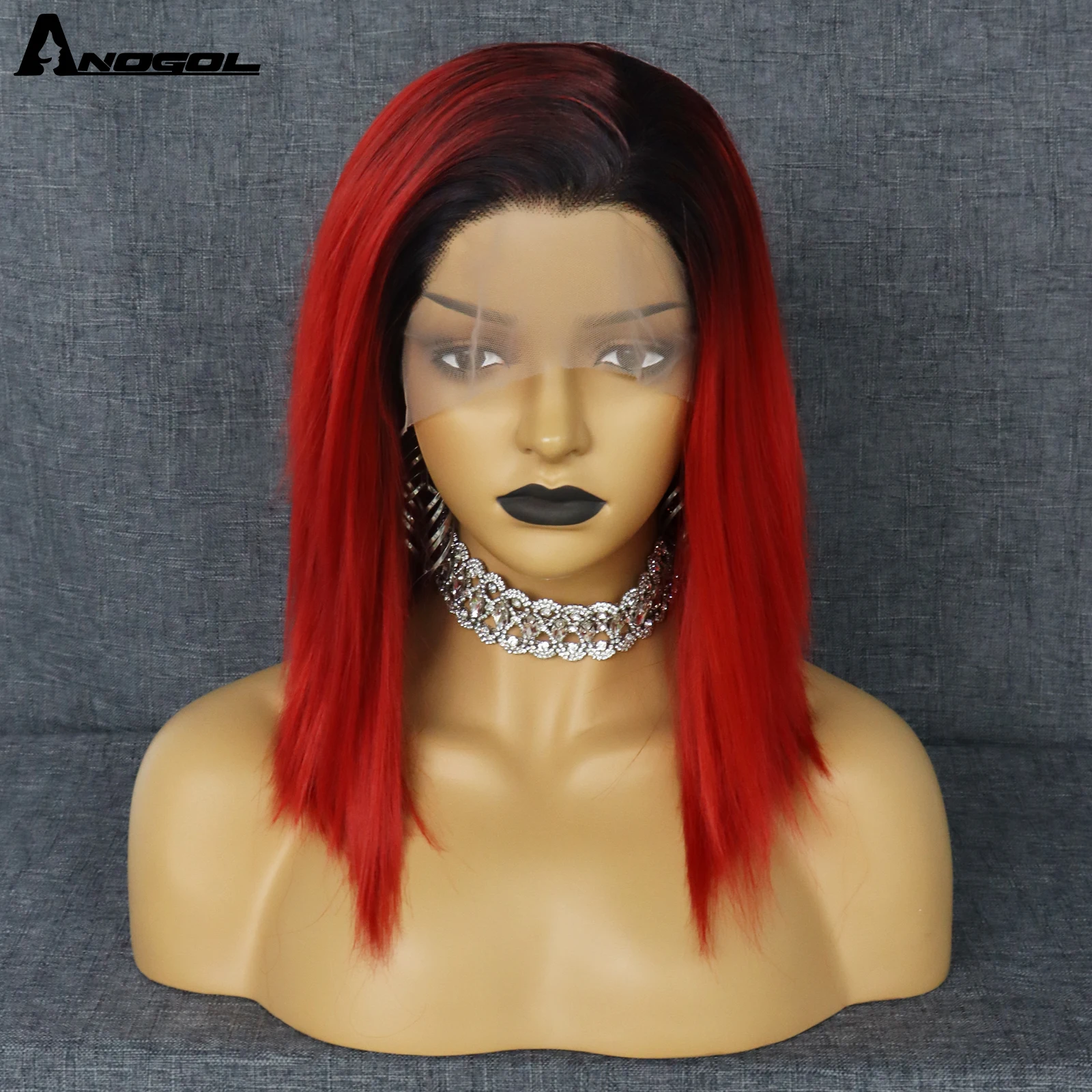 

Anogol 17inches Ombre Red Black Root Short Straight 13*2.5 Free Part Heat Resistant Synthetic Lace Front Wigs