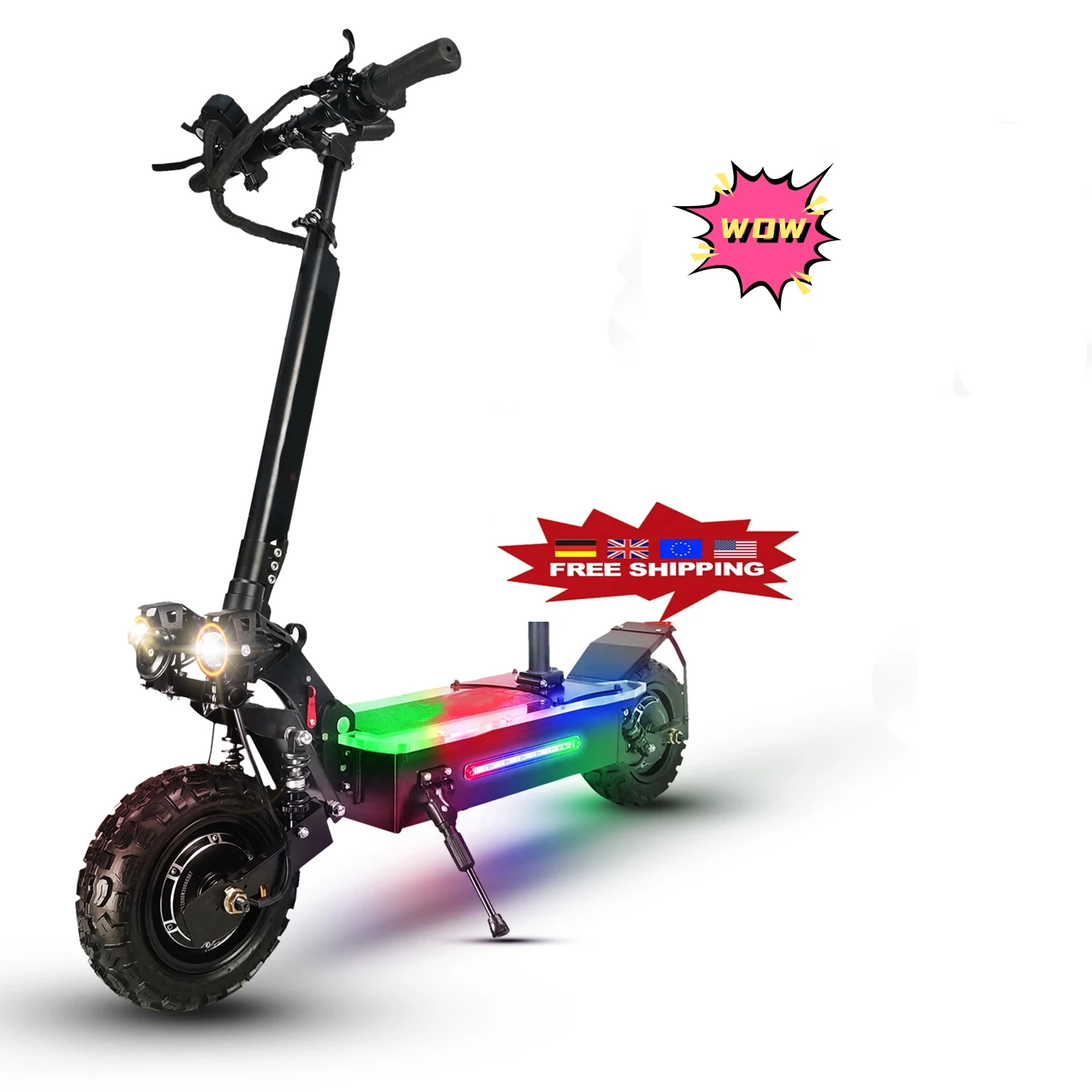 

free shipping long range 60-80km 5600w 27ah 60v 11 inch off road dual motor electric scooter with acrylic LED lights