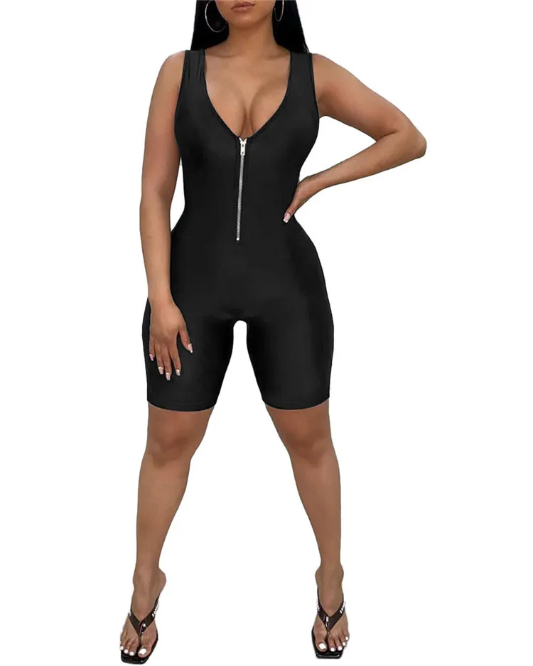 

Spring breathable womens ladies sexy slim fit one piece v neck zipper jumpsuits rompers summer polyester spandex