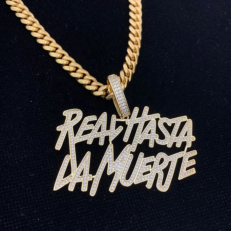 

hip hop bling letter necklace iced out lab diamond micro pave cz gold Real Hasta La Muerte Necklace