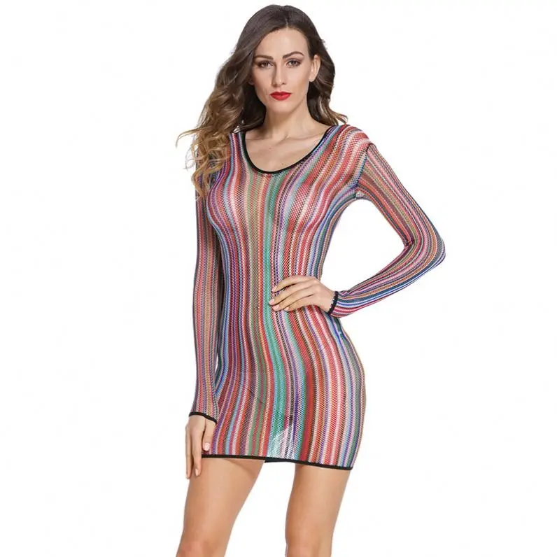 

Hot Sale Sexy Square Collar Stripe Fishnet Chemise Mini Sexy Bodycon Dress