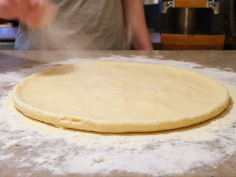 Homemade pie crust in rolling process with flour dusting