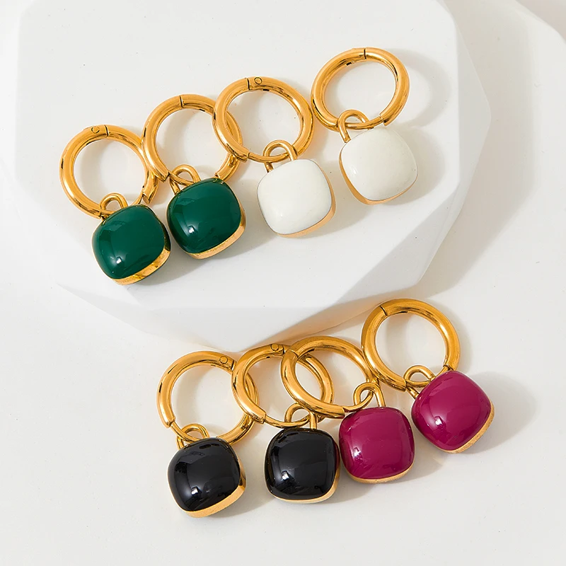 

Bohemian oil drop square hoop earrings Stainless steel double-sided three-dimensional earrings
