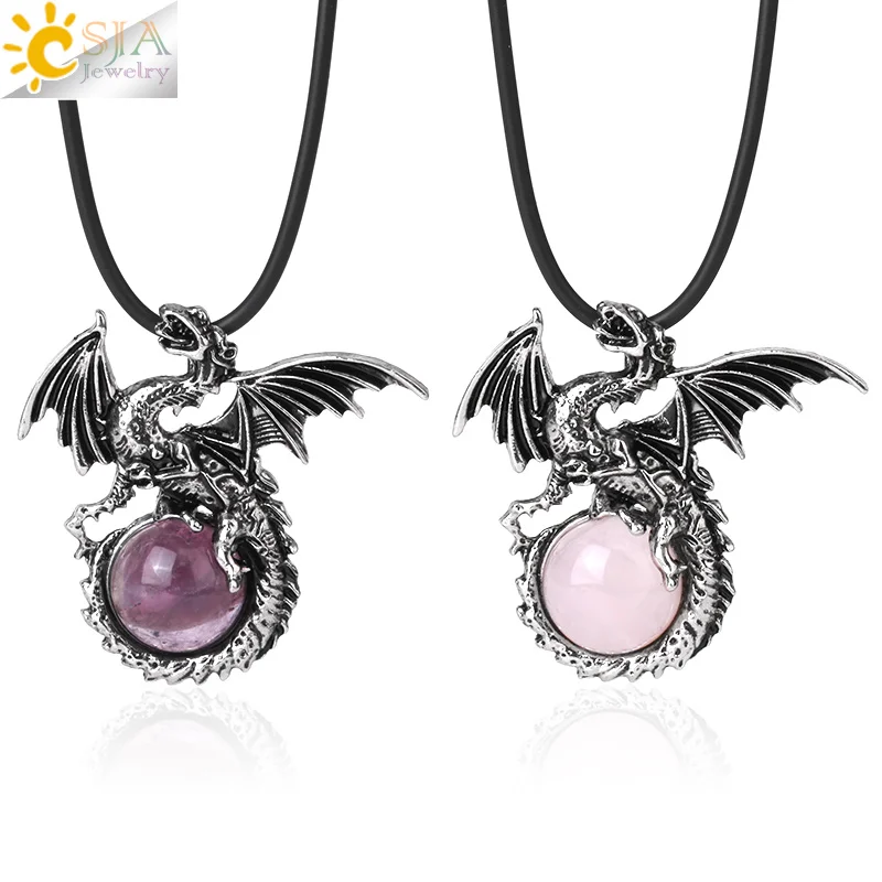 

CSJA Vintage Jewelry Titanium Steel Dragon Wing Natural Healing Cabochon Stone Animal Pendant Necklace For Men Women H146