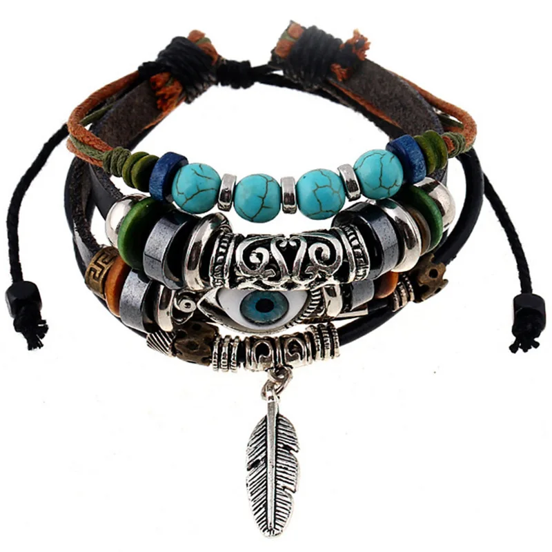 

Feather Pendant Beaded Cowhide Bracelet Braided Devil's eyes Leather Bracelet Ornaments Wholesale