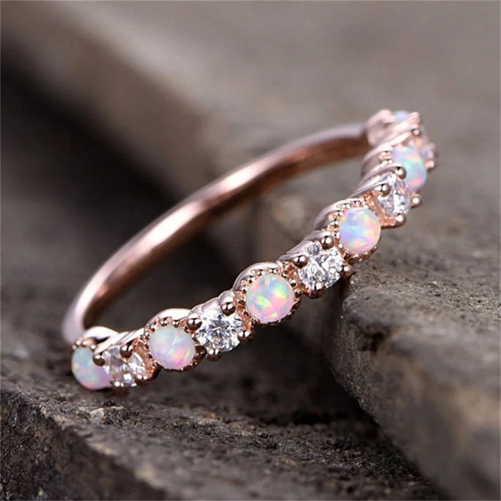 

Luxury Minimalist Rose Gold Plating Cubic Zirconia CZ Ring Fire Opal Band Ring For Engagement Wedding