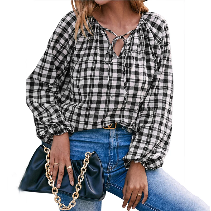 

Casual Long-sleeved Check V-neck Tie Shirt