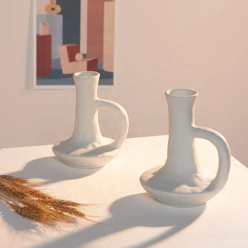 

Modern Handmade Art Irregular White Vase Ceramic Bottle Shape Handgrip Cearmic White Vase For Home Decor
