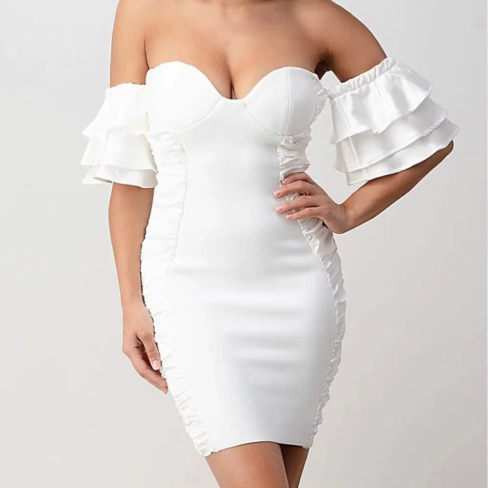 

BA149 New Design Bandage Dress Elegant Boat-Neck Ruffle Sleeves Strapless Party Bodycon Club Dresses, White