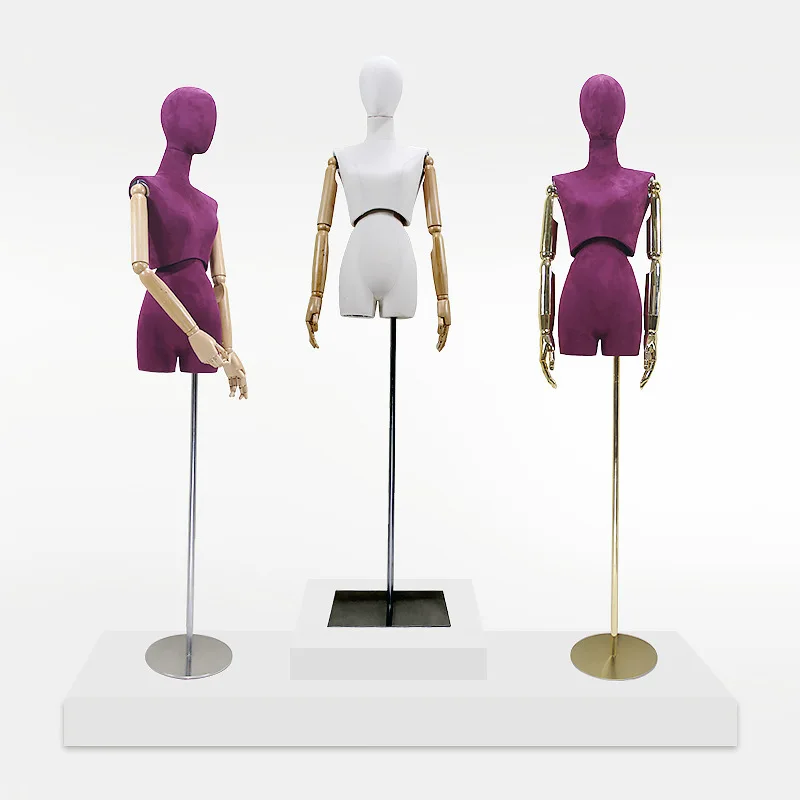 

Dress Form Fabric Cover Half Body Female Model Mannequin Model Torso Iron Base With Wooden Arms For Window Display