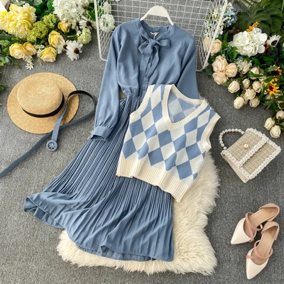 2019 Korean fall new style plaid v neck knit vest chiffon elegant two piece dress