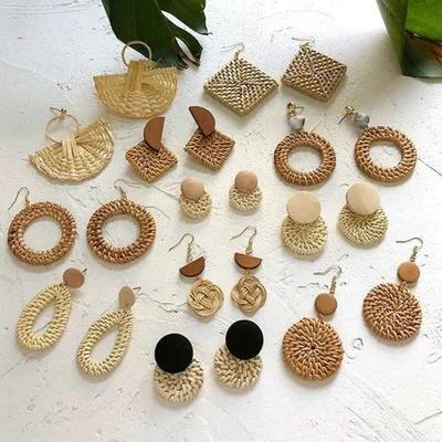 

Geometric Round Long Pendant Earrings Jewelry Rattan Grass Earrings Collection