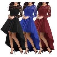 

High Quality Fashion Women Long Sleeve Lace High Low Satin Maxi Evening Prom Party Dress