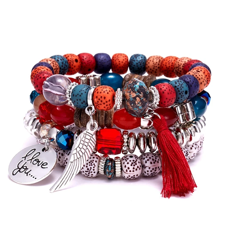 

Trendy Statement Multilayer Colorful Beads Tassel Wings Pendant Women Ethnic Bohemian Beads Bracelets Jewelry, Color plated as shown